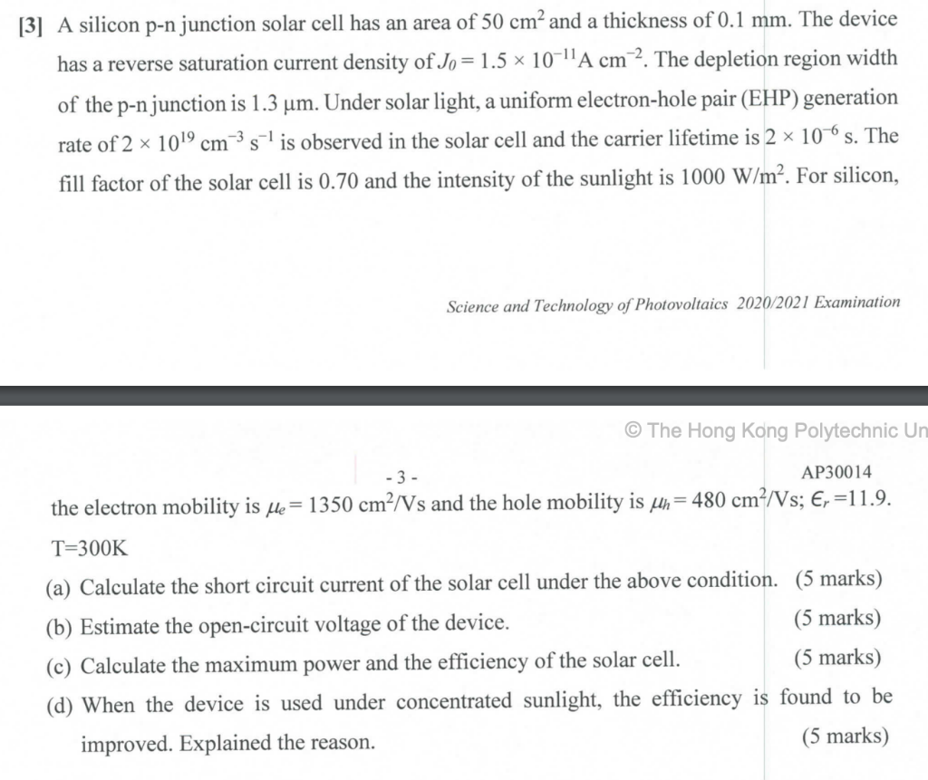 Solved [3] A silicon p-n junction solar cell has an area of | Chegg.com