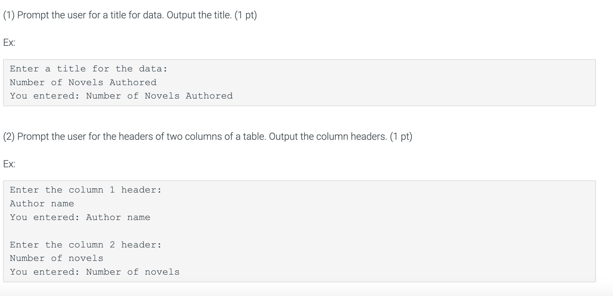 Solved (1) Prompt the user for a title for data. Output the | Chegg.com