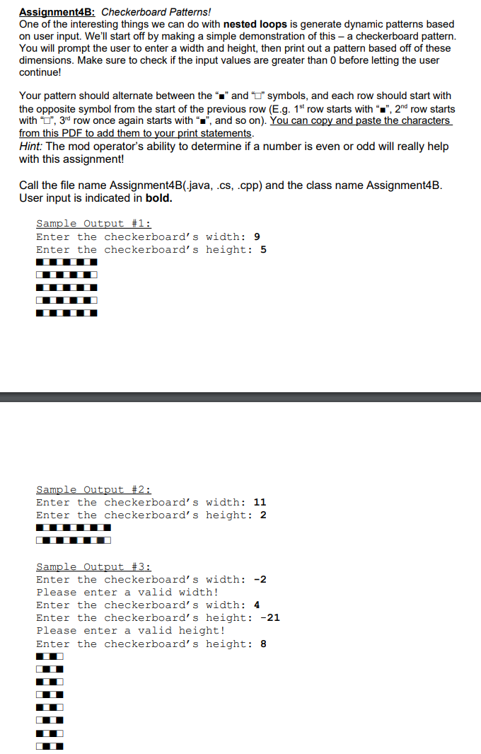 Solved Assignment4B: Checkerboard Patterns! One of the | Chegg.com