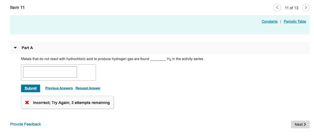 Solved Item 11 11 of 13> Part A Metals that do not react | Chegg.com