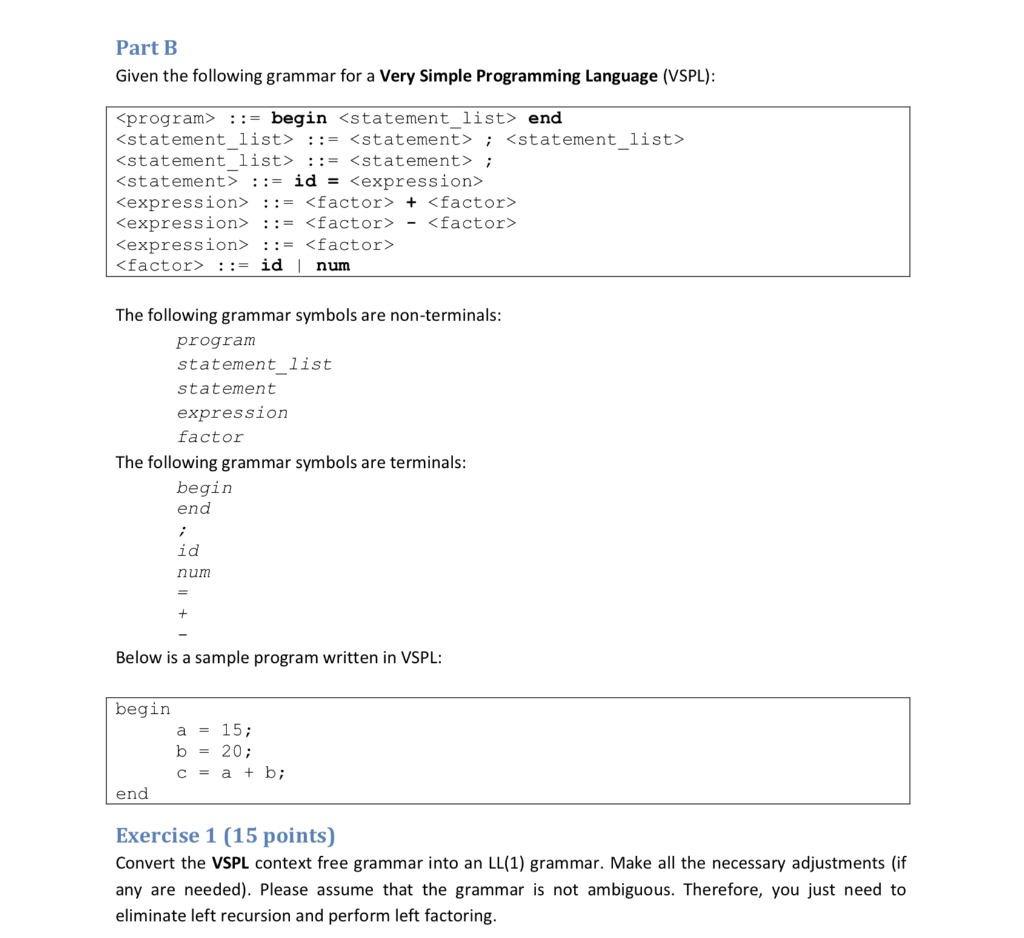 Solved Part B Given the following grammar for a Very Simple | Chegg.com