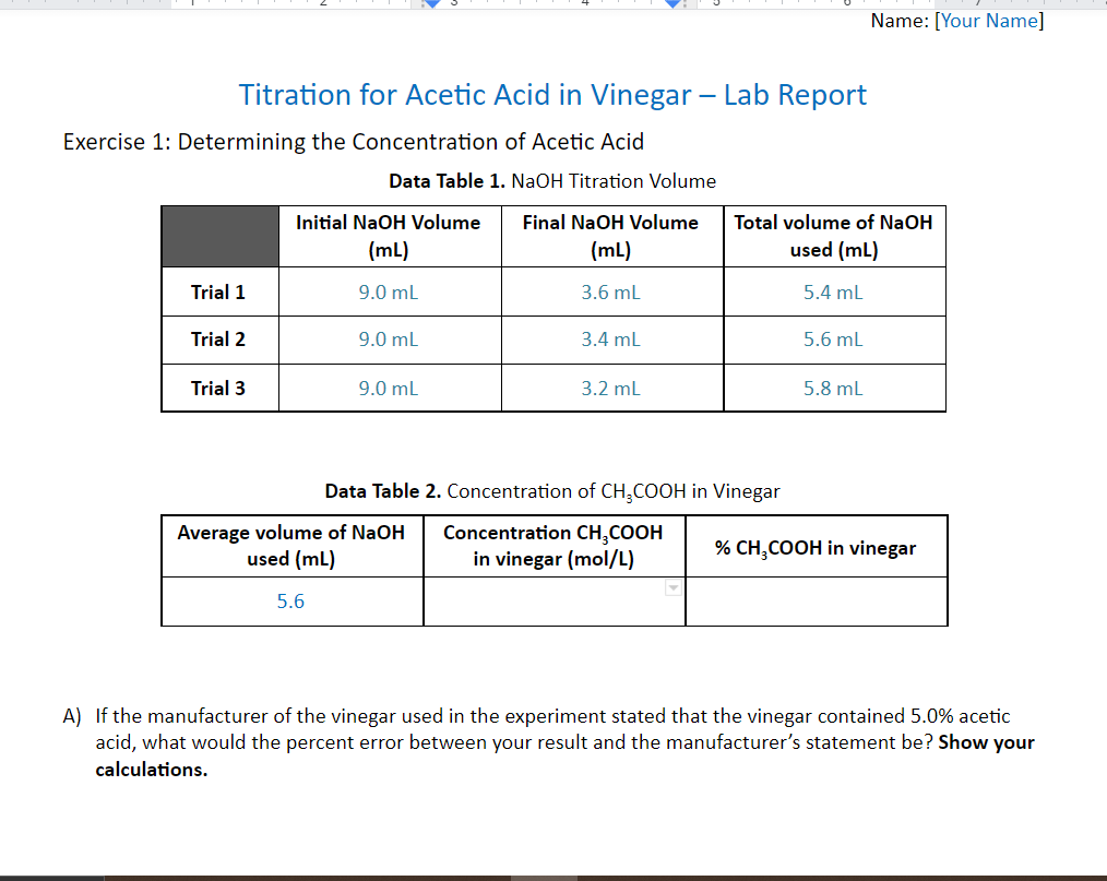 Solved How do I find the Concentration of Vinegar? 5mL of