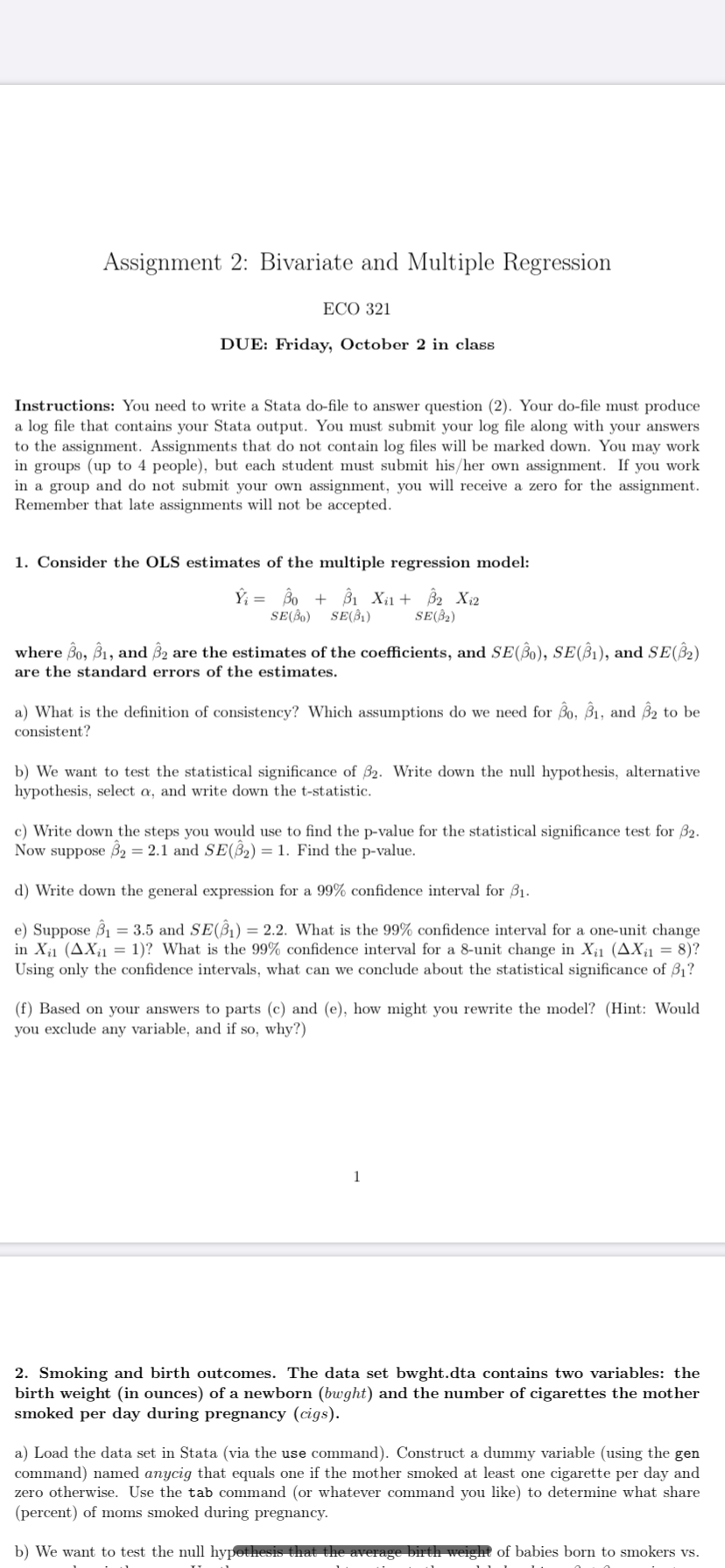 Assignment 2: Bivariate and Multiple Regression ECO | Chegg.com