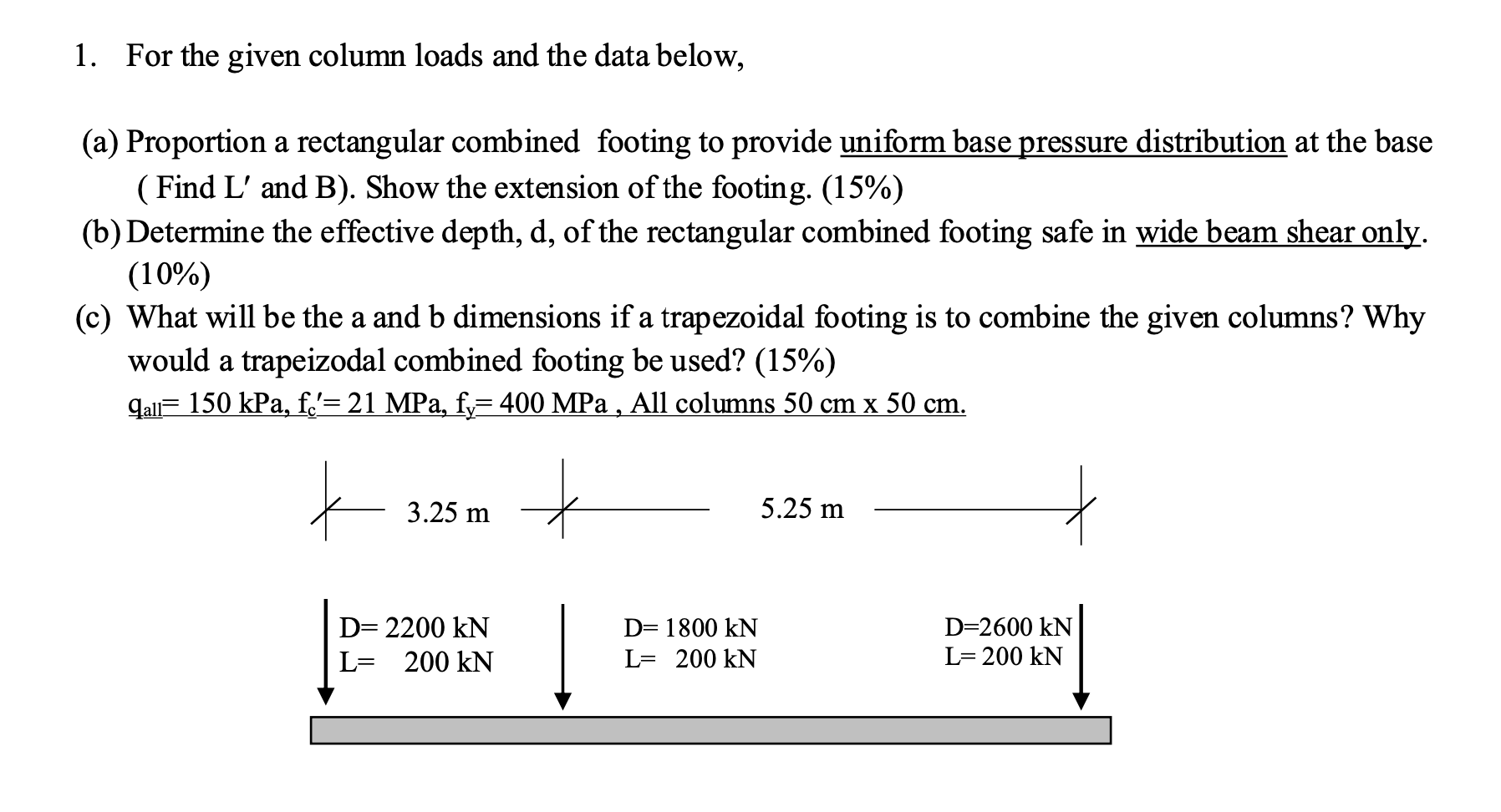 Solved 1. For the given column loads and the data below, (a) | Chegg.com