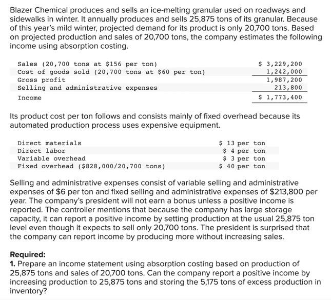 Solved Blazer Chemical produces and sells an icemelting