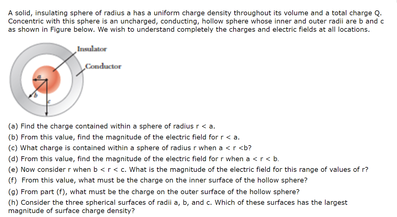 Solved A solid, insulating sphere of radius a has a uniform | Chegg.com