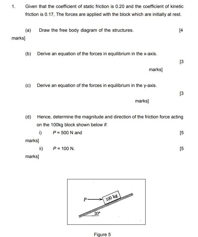 Solved 1. Given that the coefficient of static friction is | Chegg.com