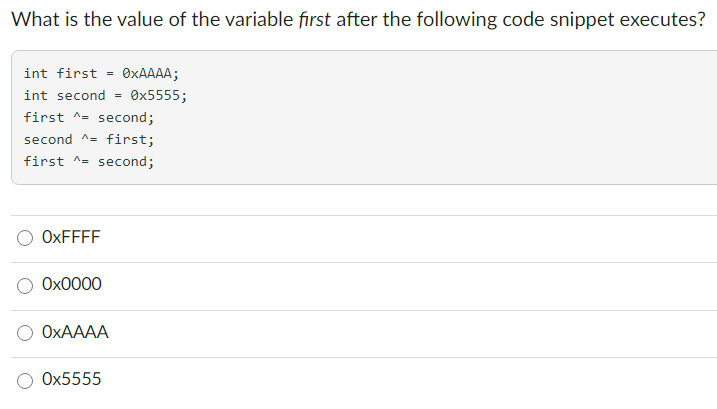 Solved What is the value of the variable first after the | Chegg.com