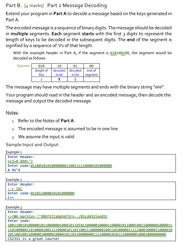 Part B. [4 marks] Part 2 Message Decoding Extend your | Chegg.com