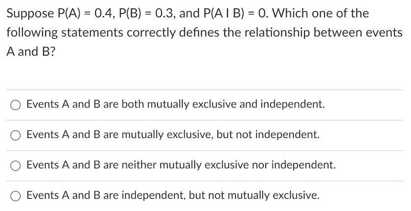 Solved Suppose P(A) = 0.4, P(B) = 0.3, And P(A I B) = 0. | Chegg.com