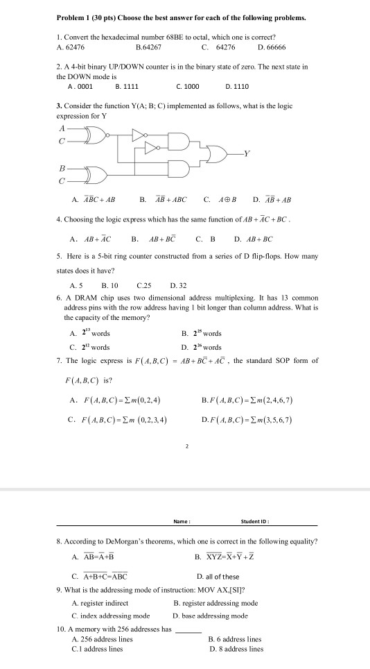 Solved Problem 1 30 Pts Choose The Best Answer For Each Of