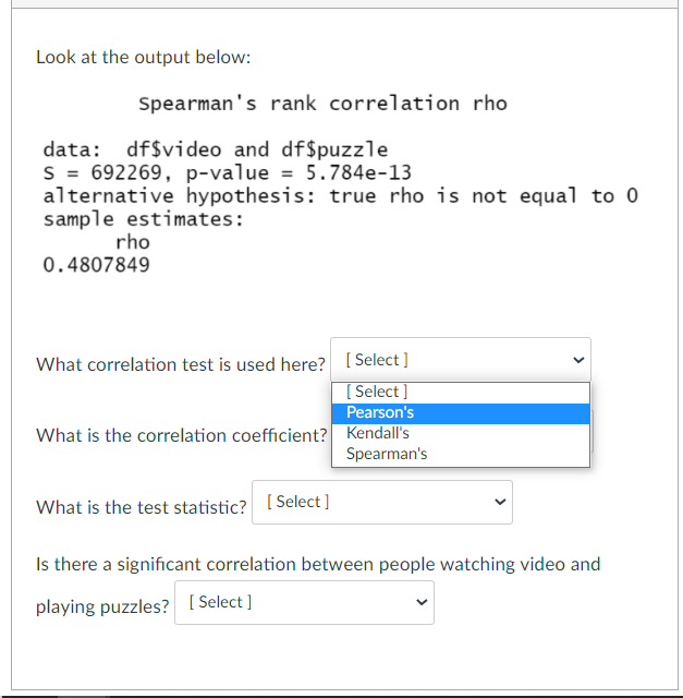 Solved Look at the output below: Spearman's rank correlation | Chegg.com