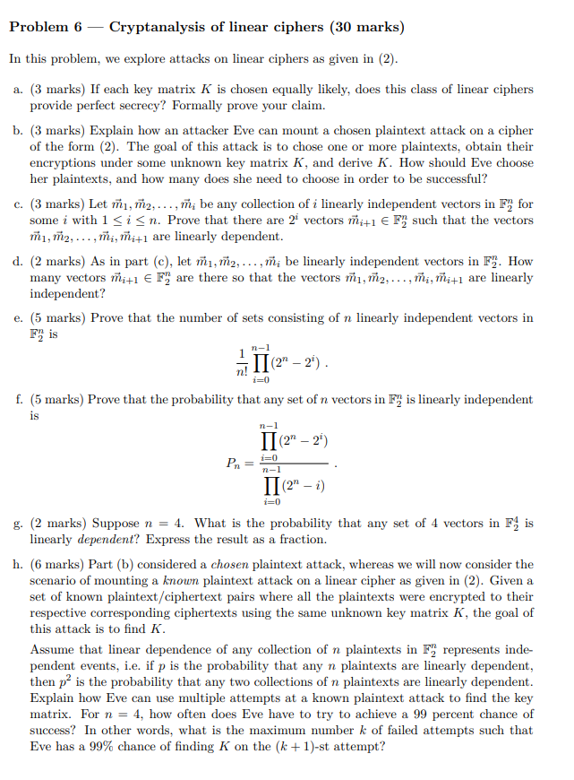Problem 6 — Cryptanalysis of linear ciphers (30 | Chegg.com