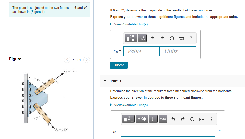 Solved The plate is subjected to the two forces at A and B | Chegg.com