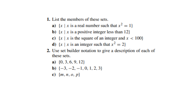 Solved 1. List the members of these sets. a) {x∣x is a real | Chegg.com