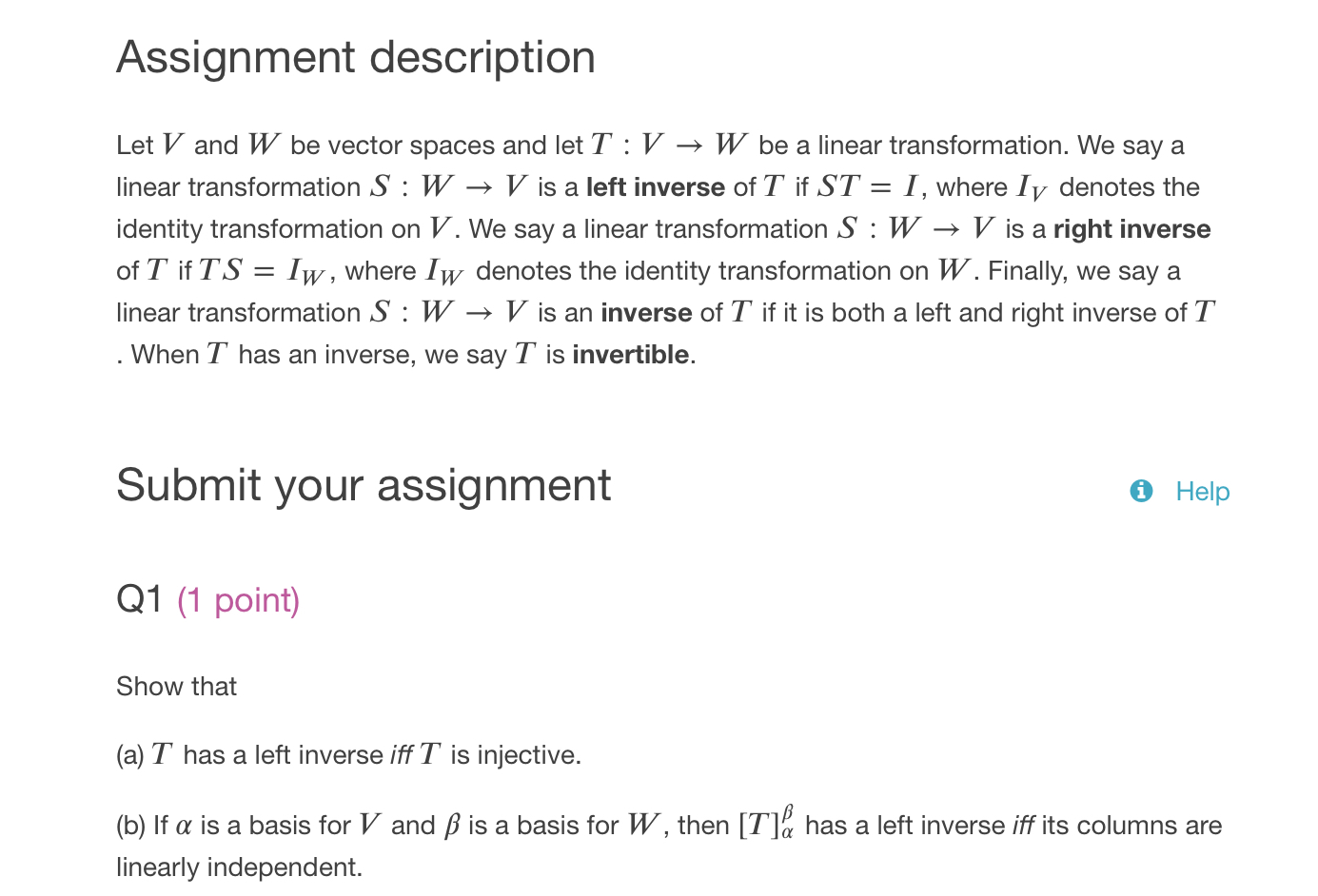 Assignment Description Let V And W Be Vector Space Chegg Com