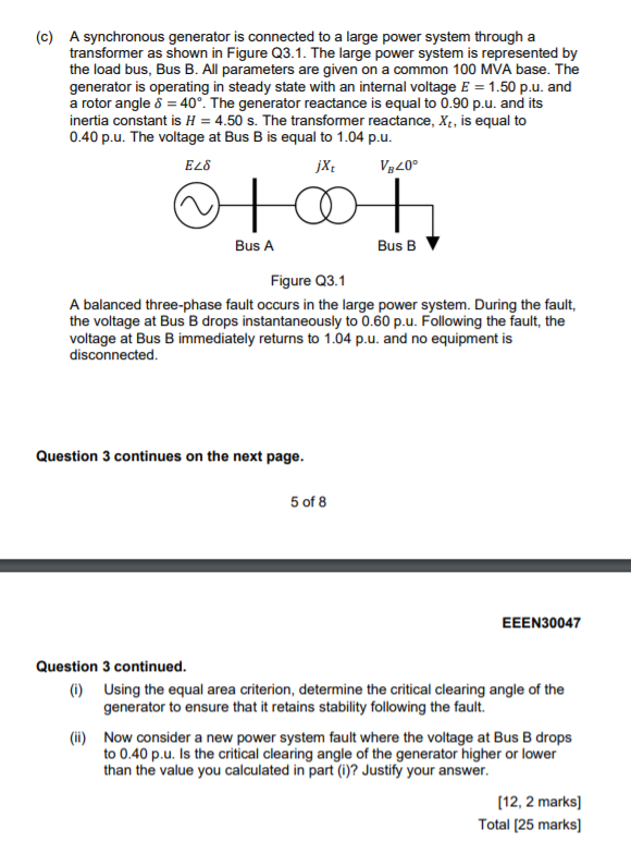 Solved (c) A synchronous generator is connected to a large | Chegg.com