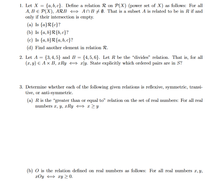 Solved 1. Let X={a,b,c}. Define a relation R on P(X) (power | Chegg.com