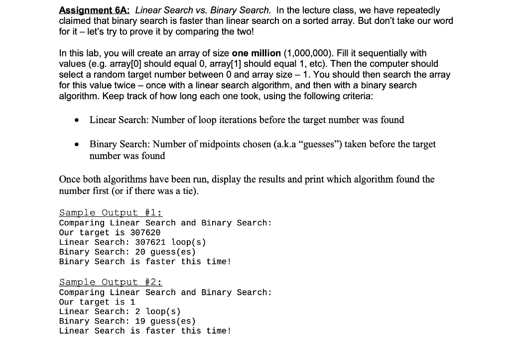 Solved Assignment 6A: Linear Search vs. Binary Search. In | Chegg.com