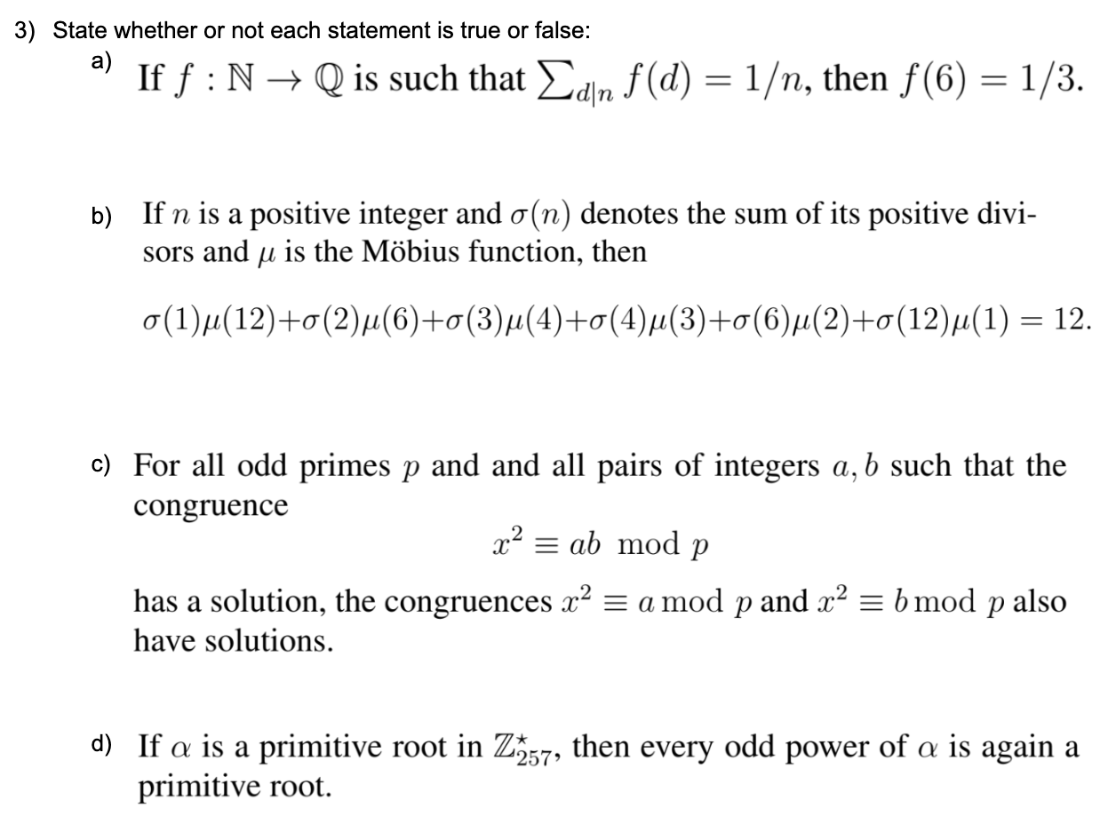 Solved State whether or not each statement is true or false: | Chegg.com
