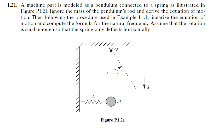 .21. A machine part is modeled as a pendulum connected to a spring as illustrated in Figure P1.21. Ignore the mass of the pen