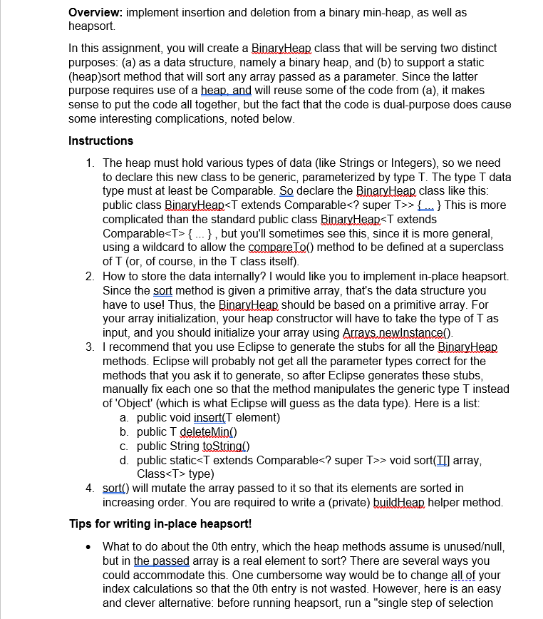 Overview: implement insertion and deletion from a | Chegg.com
