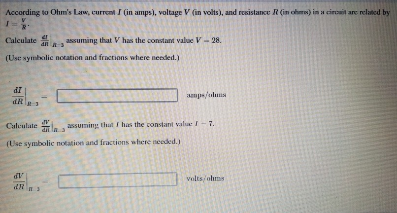 Solved According To Ohm's Law, Current I (in Amps), Voltage | Chegg.com