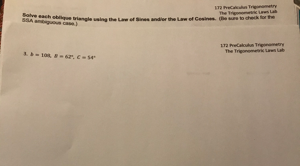 Solved 172 PreCalculus Trigonometry The Trigonometric Laws | Chegg.com