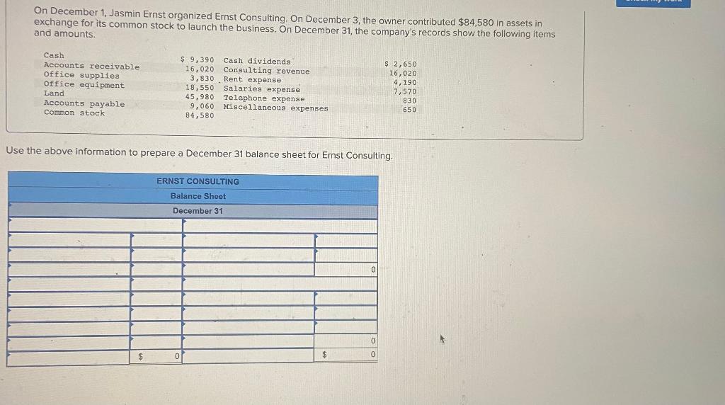 Solved On December 1, Jasmin Ernst organized Ernst | Chegg.com