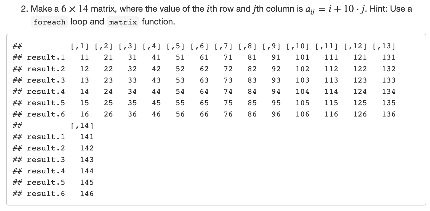 Solved 2. Make a 6 14 matrix where the value of the i th Chegg