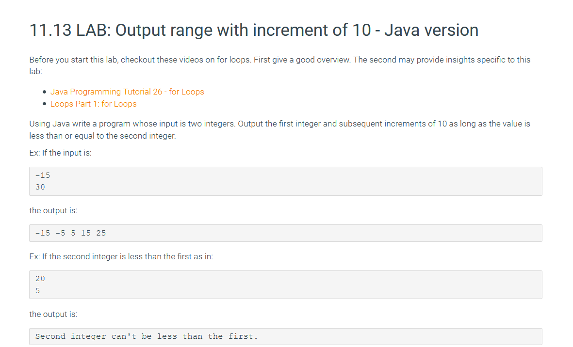 Solved 11.13 LAB: Output range with increment of 10 - Java | Chegg.com