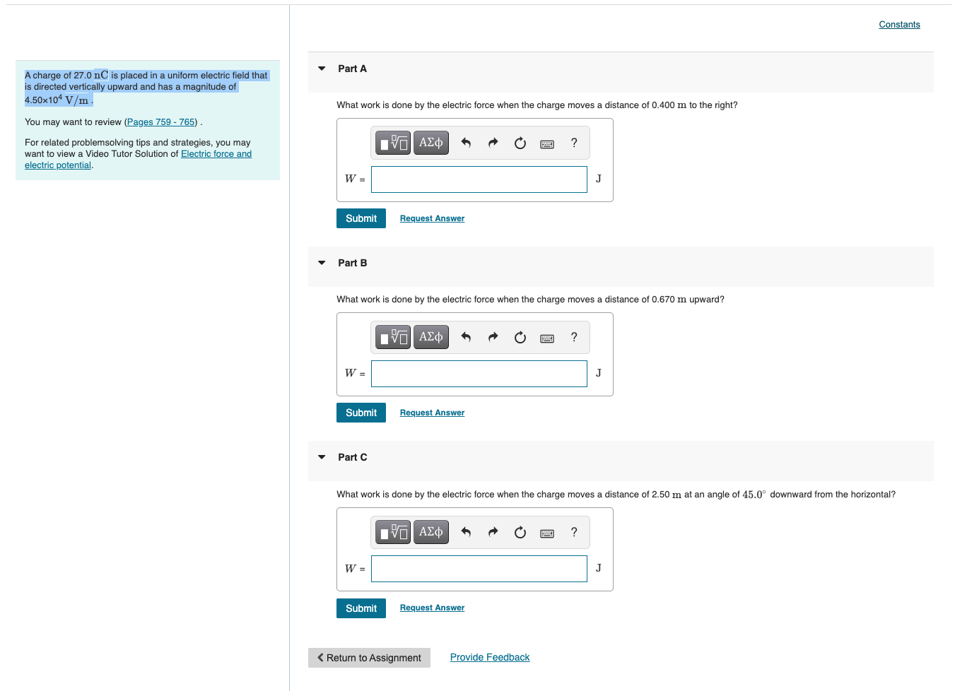 Solved Constants Part A What work is done by the electric | Chegg.com