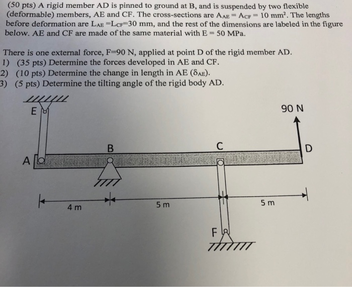 Solved (50 pts) A rigid member AD is pinned to ground at B, | Chegg.com