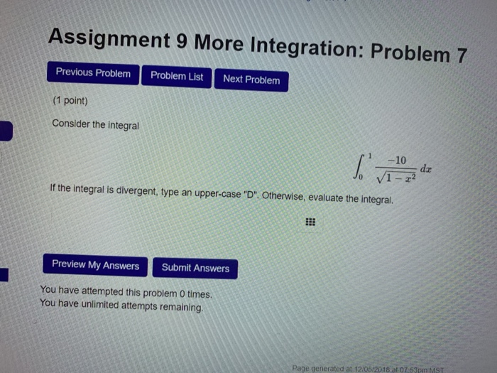Solved Assignment 9 More Integration: Problem 7 Previous | Chegg.com