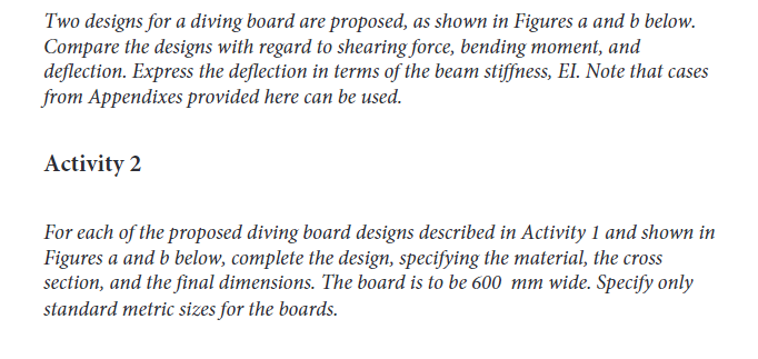 Solved Two designs for a diving board are proposed, as shown | Chegg.com