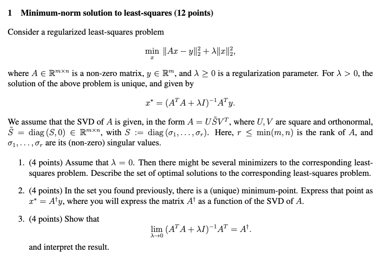 1 Minimum-norm Solution To Least-squares (12 Points) | Chegg.com