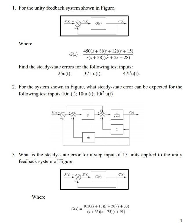 Solved 1. For The Unity Feedback System Shown In Figure. | Chegg.com