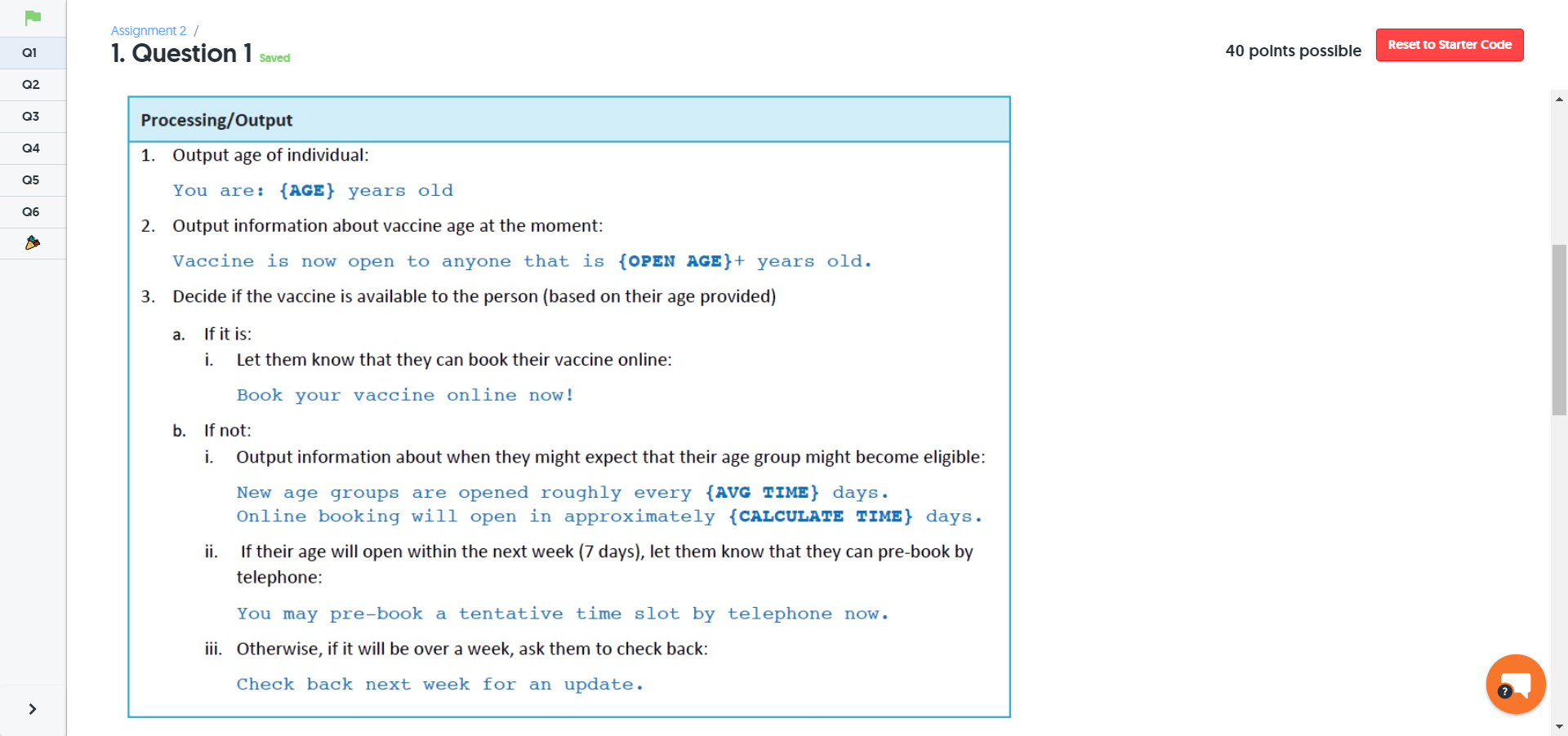 Solved Assignment 2 / Reset to Starter Code Q1 1. Question 1 | Chegg.com