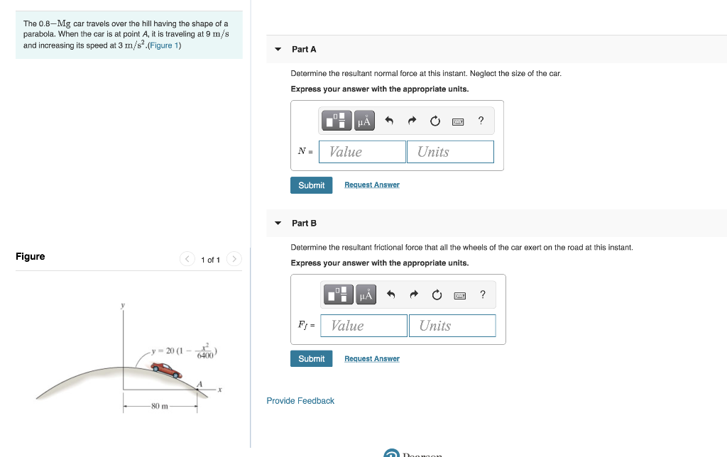 Solved The 0.8-Mg car travels over the hill having the shape | Chegg.com
