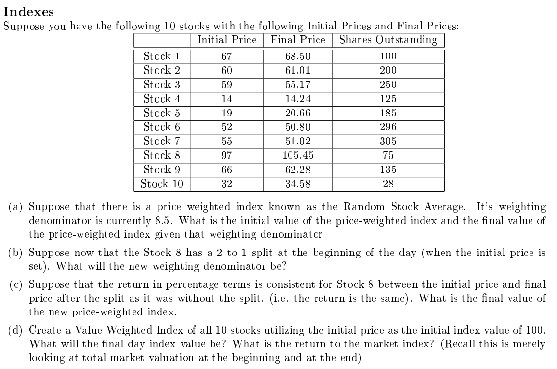Solved Indexes Suppose you have the following 10 stocks with | Chegg.com