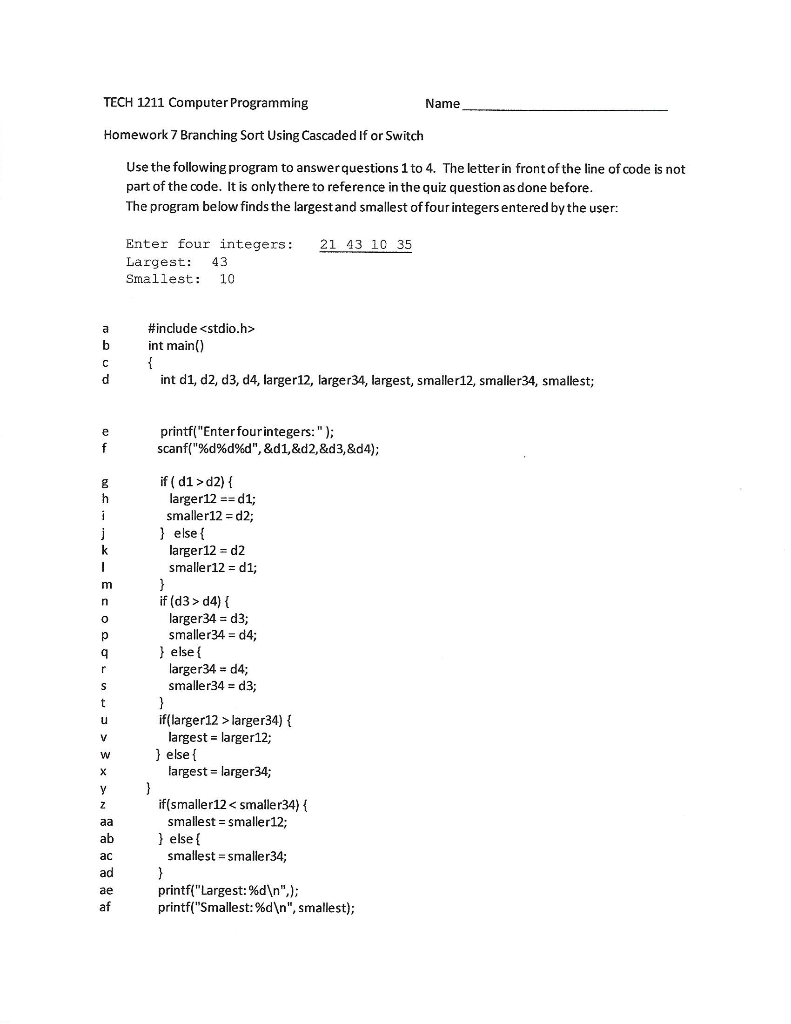 Solved TECH 1211 Computer Programming Name Homework 7 | Chegg.com