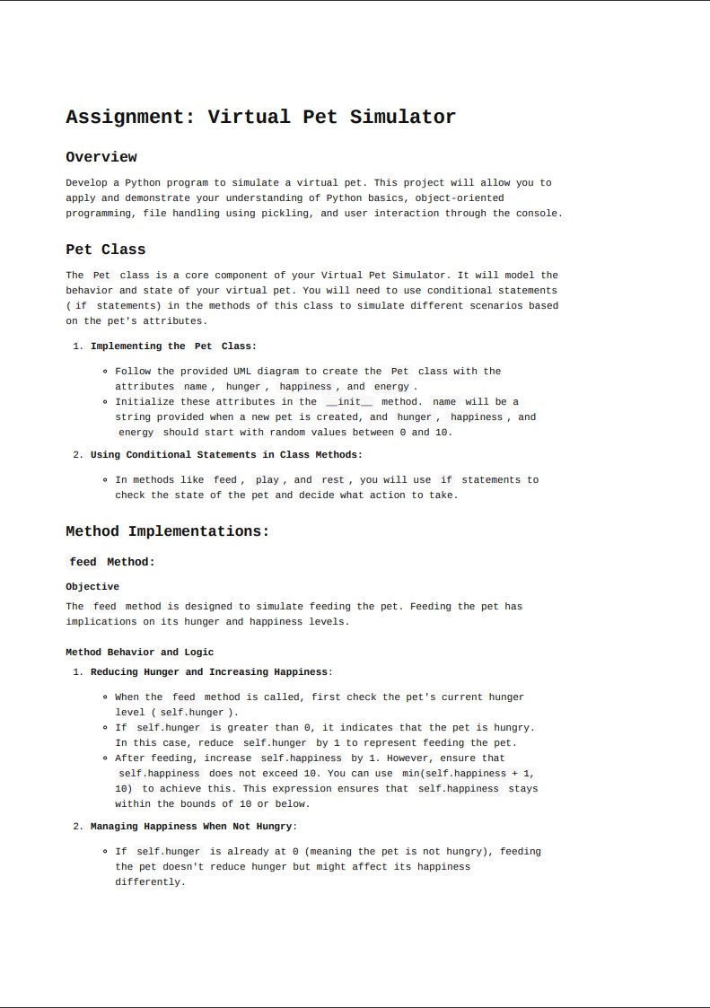Assignment: Virtual Pet SimulatorOverviewDevelop a | Chegg.com