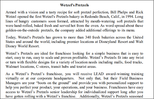 Solved Wetzel's Pretzels Armed with a vision and a tasty | Chegg.com