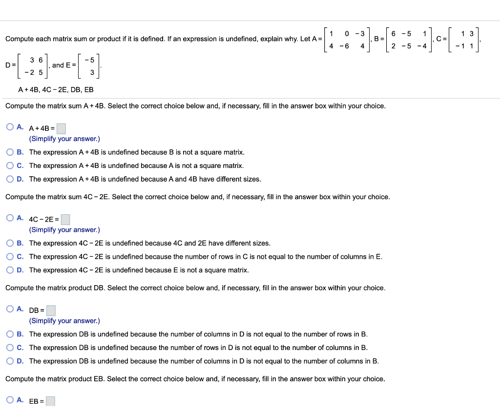 Solved Compute each matrix sum or product if it is defined. | Chegg.com