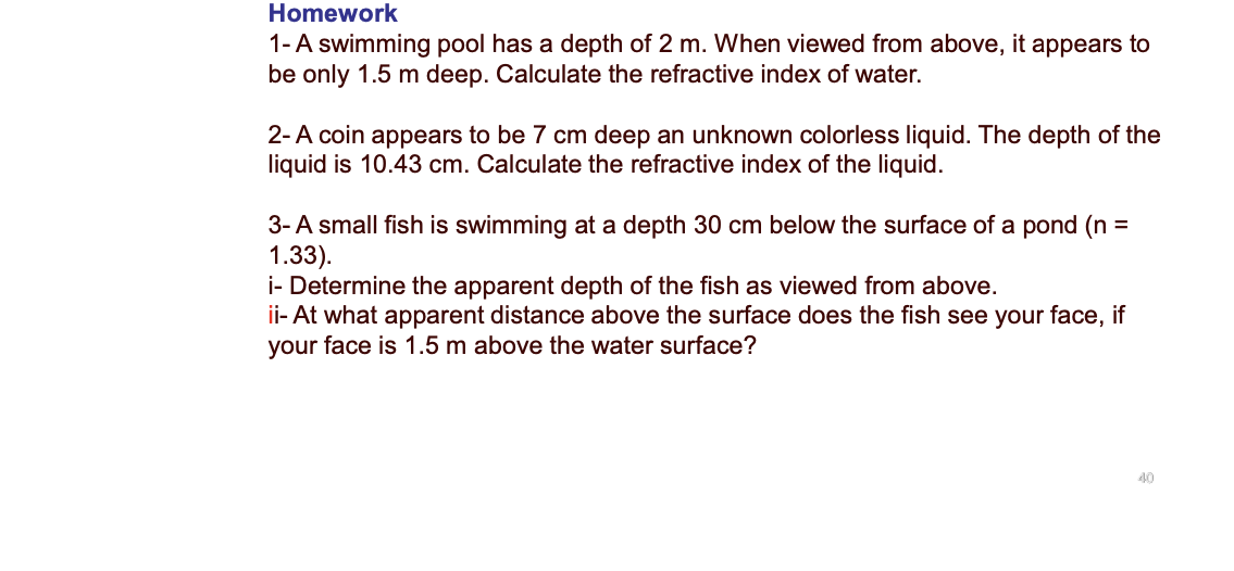 Solved Homework 1- A swimming pool has a depth of 2 m. When | Chegg.com