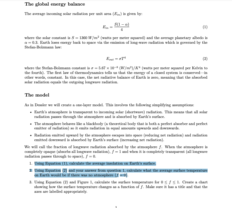 Solved The global energy balance The average incoming solar | Chegg.com
