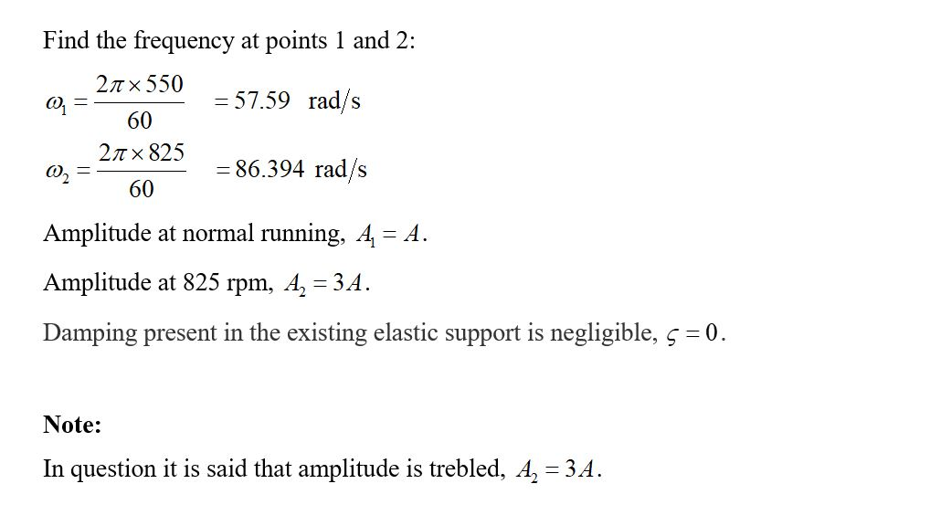 find the frequency at points 1 and 2: 20 x 550 0 = 57.59 rad/s 60 21 x 825 02 = 86.394 rad/s 60 amplitude at normal running,