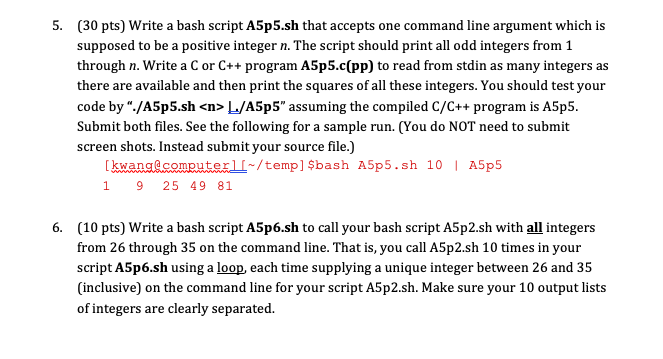 5. (30 pts) Write a bash script A5p5.sh that accepts | Chegg.com
