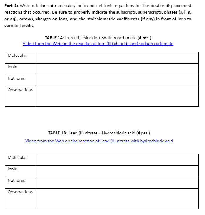 Solved Part 1 Write a balanced molecular, ionic and net