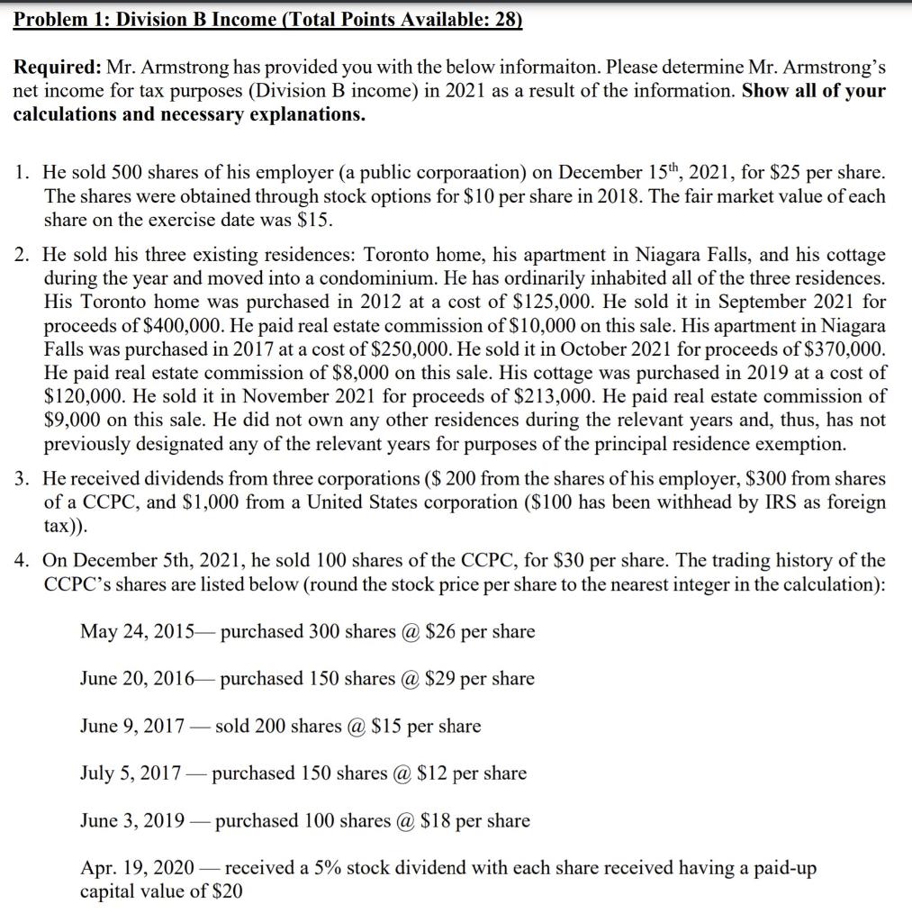 Problem 1: Division B Income (Total Points Available: | Chegg.com